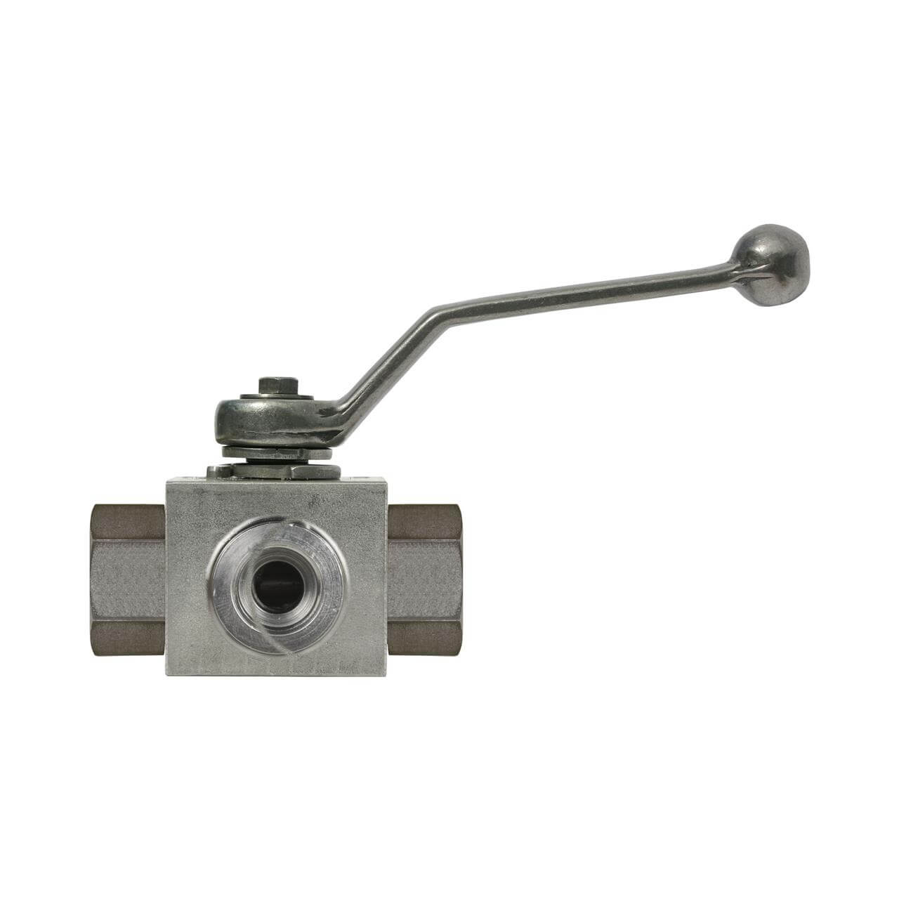 Hochdruck-Kugelhahn • 3-Wege / L-Bohrung • 1/2" IG • max. 500 bar • Stahl verzinkt