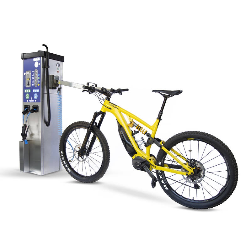 Fahrrad-Waschstation mit Reifenfüller • mit elektronischem Münzprüfer •  Edelstahl, Drucksäulen, SB-Geräte